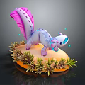 Blue Purple Creature With Pink Purple Decorative Tail In Green Orange Plants Grey Background