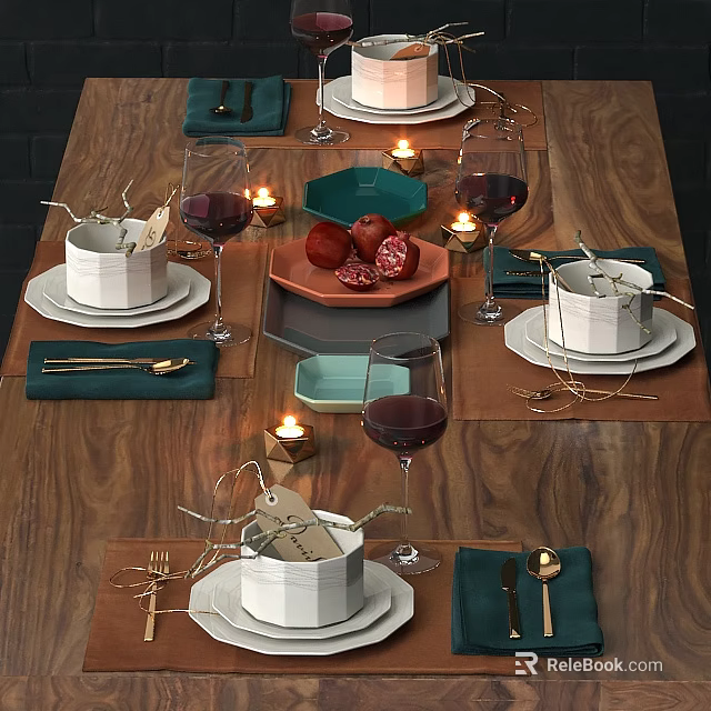 Elegant Dinnerware Set on Wooden Table with Green Placemats Wine Glasses Candles and Pomegranates 3d model 