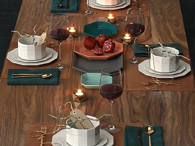 Elegant Dinnerware Set on Wooden Table with Green Placemats Wine Glasses Candles and Pomegranates 3d model