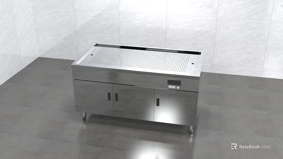 Sleek Stainless Steel Kitchen Workbench with Countertop and Cabinets on Gray Floor White Tiled Wall 3d model 