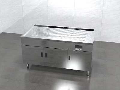 Sleek Stainless Steel Kitchen Workbench with Countertop and Cabinets on Gray Floor White Tiled Wall 3d model