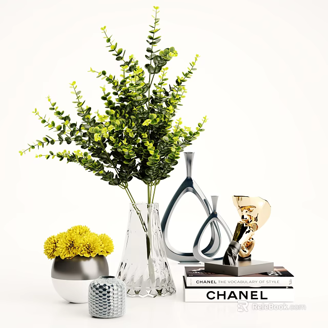 Decorative Ornament Set With Green Eucalyptus Yellow Chrysanthemums Glass Vase Metallic Pieces And Books 3d model 