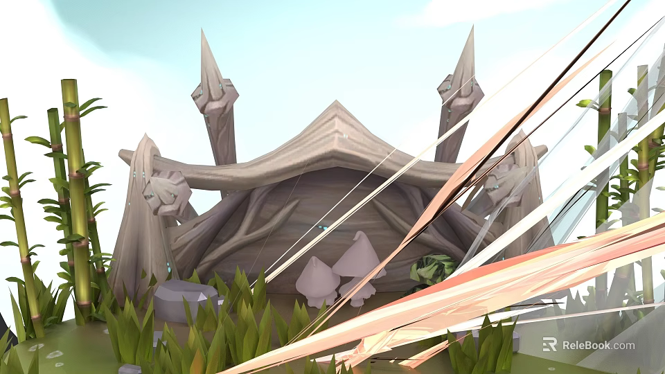 Adventurous Character And Green Creature In Forest With Spiked Wooden Shelter And Mushrooms 3d model 