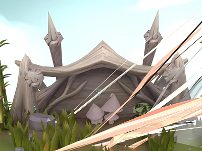 Adventurous Character And Green Creature In Forest With Spiked Wooden Shelter And Mushrooms 3d model