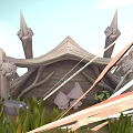 Adventurous Character And Green Creature In Forest With Spiked Wooden Shelter And Mushrooms