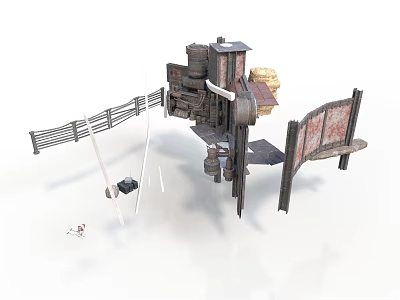 Industrial Scene Components With Metal Fence Vintage Machine And Rustic Bench 3d model