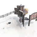 Industrial Scene Components With Metal Fence Vintage Machine And Rustic Bench