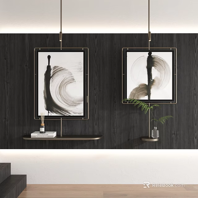 Abstract Paintings Black Framed On Dark Wooden Wall With White Brushstroke Decorative Shelves Books Plants 3d model 