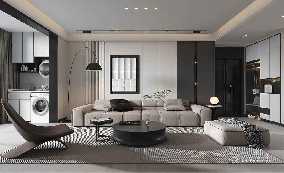 Modern Living Dining Room Space With Beige Sofa Round Coffee Table Floor Lamp And Decorative Wall 3d model 