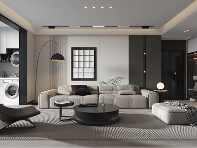 Modern Living Dining Room Space With Beige Sofa Round Coffee Table Floor Lamp And Decorative Wall 3d model