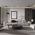 Modern Living Dining Room Space With Beige Sofa Round Coffee Table Floor Lamp And Decorative Wall