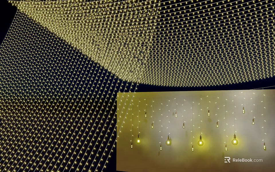 Golden Mesh Outdoor String Lights Hanging From Ceiling With Bulb Shaped Design 3d model 