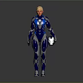 Sci Fi Female Warrior Character Wearing Blue Silver Armor And Holding Helmet