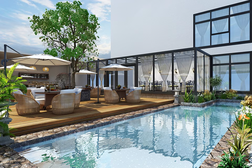 Luxurious Garden Landscape Featuring Swimming Pool Wooden Deck Wicker Chairs Glass Building And Trees 3d model 