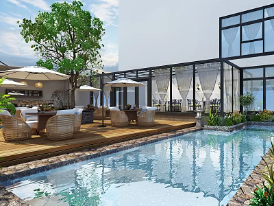 Luxurious Garden Landscape Featuring Swimming Pool Wooden Deck Wicker Chairs Glass Building And Trees 3d model