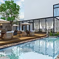Luxurious Garden Landscape Featuring Swimming Pool Wooden Deck Wicker Chairs Glass Building And Trees