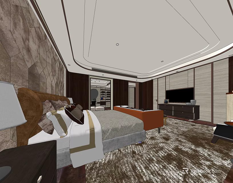 Hotel Room Featuring Comfortable Bed Nightstand Lamp Decorative Wall TV And Plush Carpet 3d model 