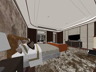 Hotel Room Featuring Comfortable Bed Nightstand Lamp Decorative Wall TV And Plush Carpet 3d model