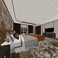 Hotel Room Featuring Comfortable Bed Nightstand Lamp Decorative Wall TV And Plush Carpet