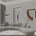 Beige Curved Sectional Sofa in Modern Living Room with Floor Lamp Abstract Painting and Curtains