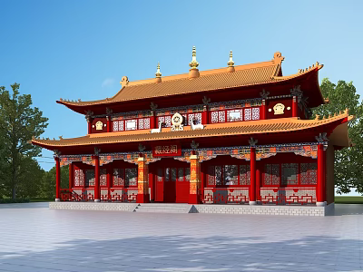 Traditional Multi Tiered Ancient Chinese Architecture With Red Exterior Golden Roof And Ornate Eaves 3d model