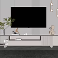 Modern Light Colored TV Cabinet with Green Plant Deer Sculpture and Hanging Lights