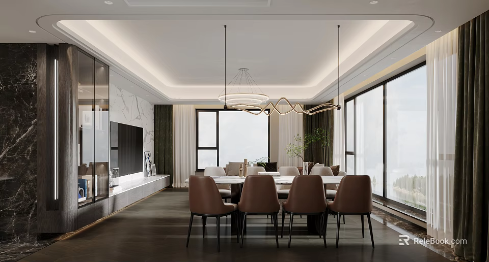 Modern Dining Living Room Interior With Chandelier Dining Table And Floor To Ceiling Windows 3d model