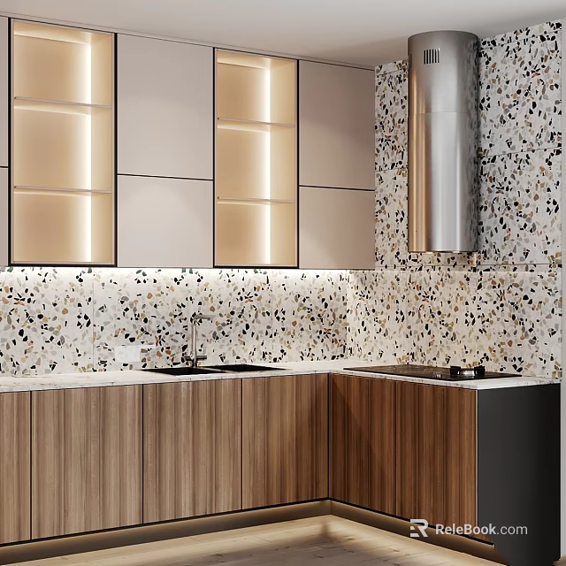 Sleek Modern Kitchen Interior With Wooden Cabinets Terrazzo Backsplash Sink And Cooktop 3d model 