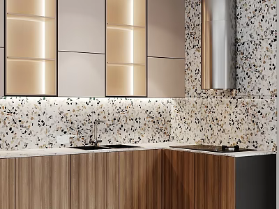 Sleek Modern Kitchen Interior With Wooden Cabinets Terrazzo Backsplash Sink And Cooktop 3d model