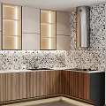 Sleek Modern Kitchen Interior With Wooden Cabinets Terrazzo Backsplash Sink And Cooktop