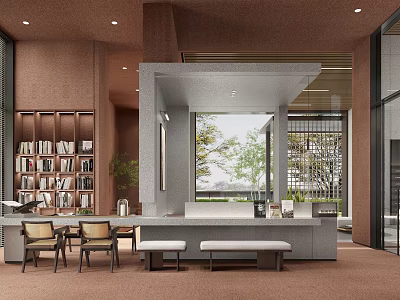 Modern Open Interior Space With Bookshelves Long Table Chairs Benches And Greenery View 3d model