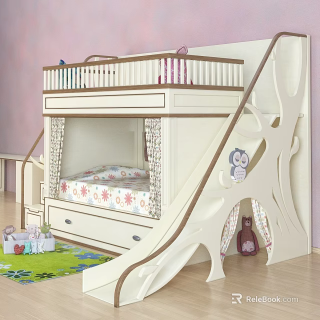Children's Bunk Bed With Slide Tree Shaped Stairs And Floral Mattress 3d model 
