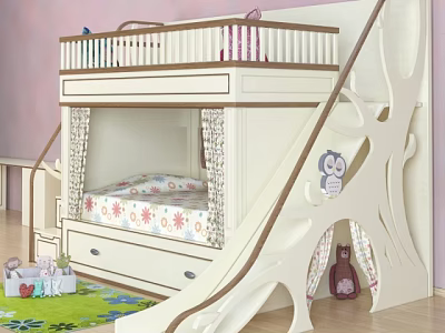 Children's Bunk Bed With Slide Tree Shaped Stairs And Floral Mattress 3d model