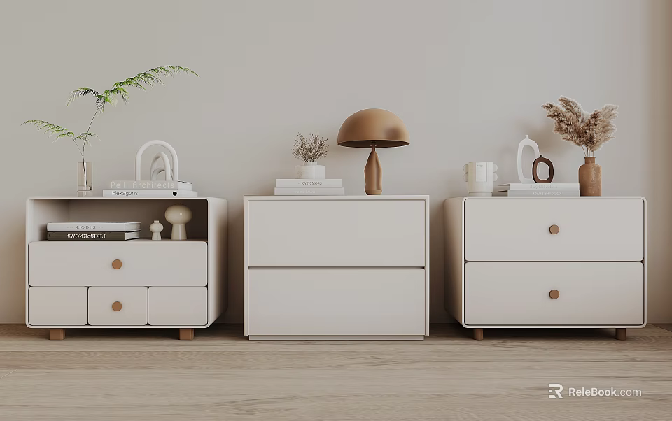 Modern White Bedside Tables With Lamp Books Plants Vases And Decorative Items 3d model 