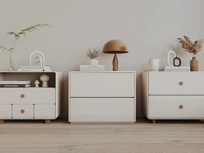 Modern White Bedside Tables With Lamp Books Plants Vases And Decorative Items 3d model