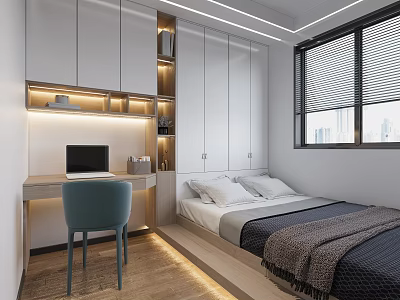 Modern Tatami Bedroom Interior With Tatami Bed Desk Chair And White Cabinets 3d model