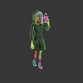 Girl With Purple Hair In Black Hooded Dress Holding White Sphere