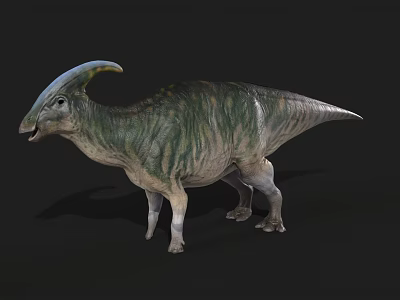 Realistic 3D Crested Dinosaur With Green Brown Stripes Standing On Black Background 3d model