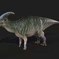 Realistic 3D Crested Dinosaur With Green Brown Stripes Standing On Black Background