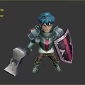 3D Fantasy Warrior Character With Blue Hair Armor Holding Hammer And Shield