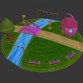 Colorful Cartoon Scene With Green Grass Pink Bridge Blue Stream And Purple Benches