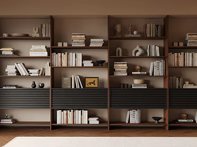 Modern Wooden Bookshelf With Multiple Shelves Holding Books And Decorative Items 3d model