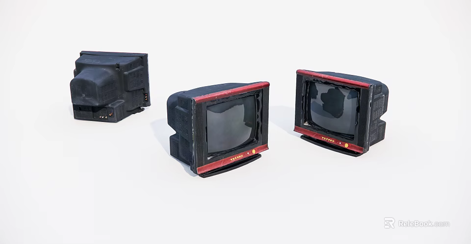 Vintage CRT Televisions With Black Body And Red Trim On White Background 3d model 
