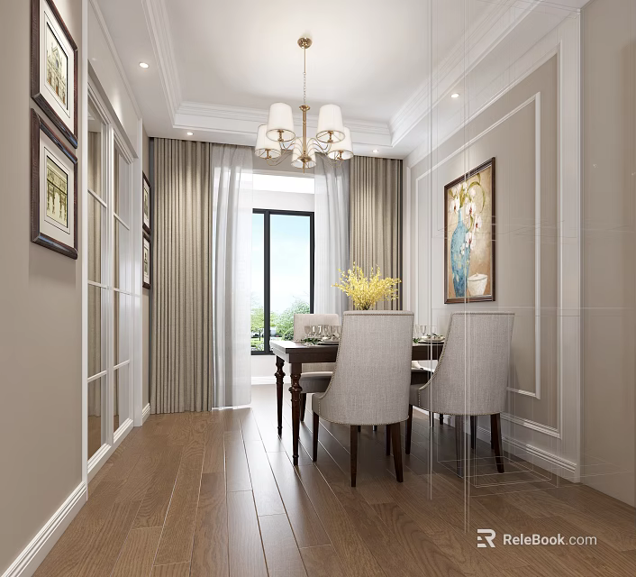 Elegant Restaurant Interior With Chandelier Dining Table Chairs Curtains Framed Artwork And Wooden Flooring 3d model 