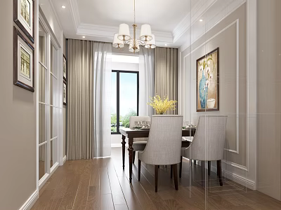Elegant Restaurant Interior With Chandelier Dining Table Chairs Curtains Framed Artwork And Wooden Flooring 3d model