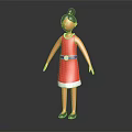 3D Female Character Model Wearing Red Dress With White Hem Blue Belt And Black Bun Hairstyle