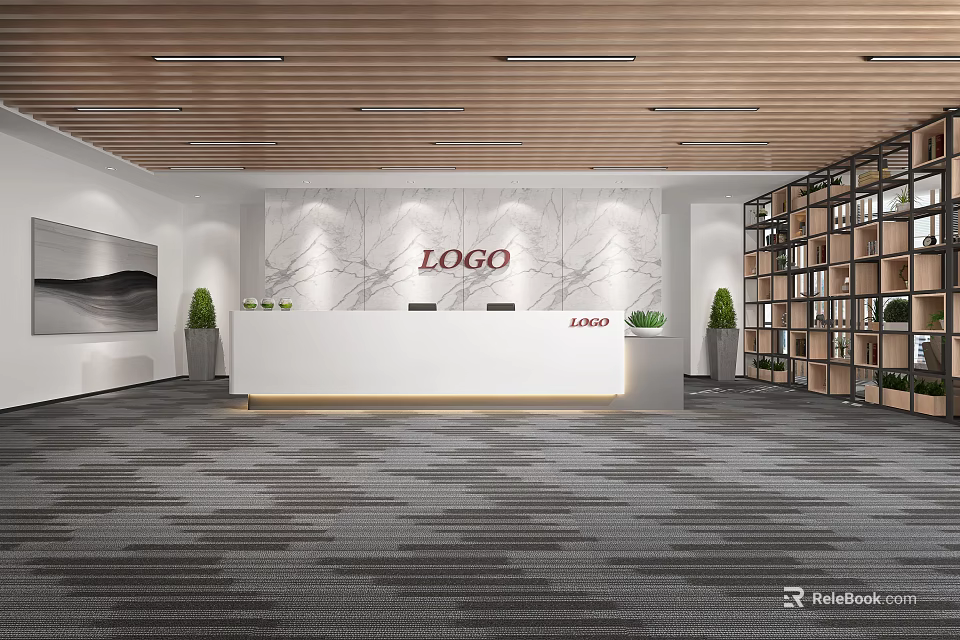 Modern Front Desk Reception Interior Design With Marble Wall LOGO Green Plants And Wooden Ceiling 3d model 