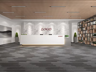 Modern Front Desk Reception Interior Design With Marble Wall LOGO Green Plants And Wooden Ceiling 3d model