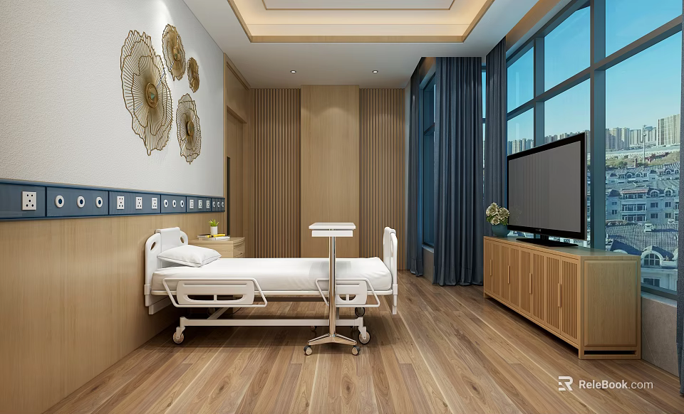 Hospital Outpatient Clinic Room with White Bed Wooden Cabinet TV Window and Wall Decorations 3d model 