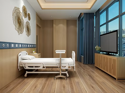 Hospital Outpatient Clinic Room with White Bed Wooden Cabinet TV Window and Wall Decorations 3d model